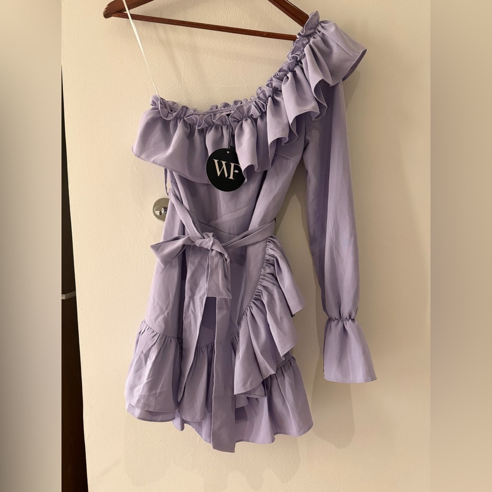 White Fox One Shoulder Ruffle Mini Dress — Lavender — Size XS — NWT